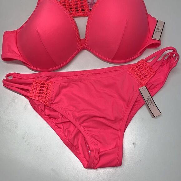 🔥🏖VICTORIA SECRET  swimsuit The Fabulous/The strappy cheeky Hot pink  New - Picture 2 of 7